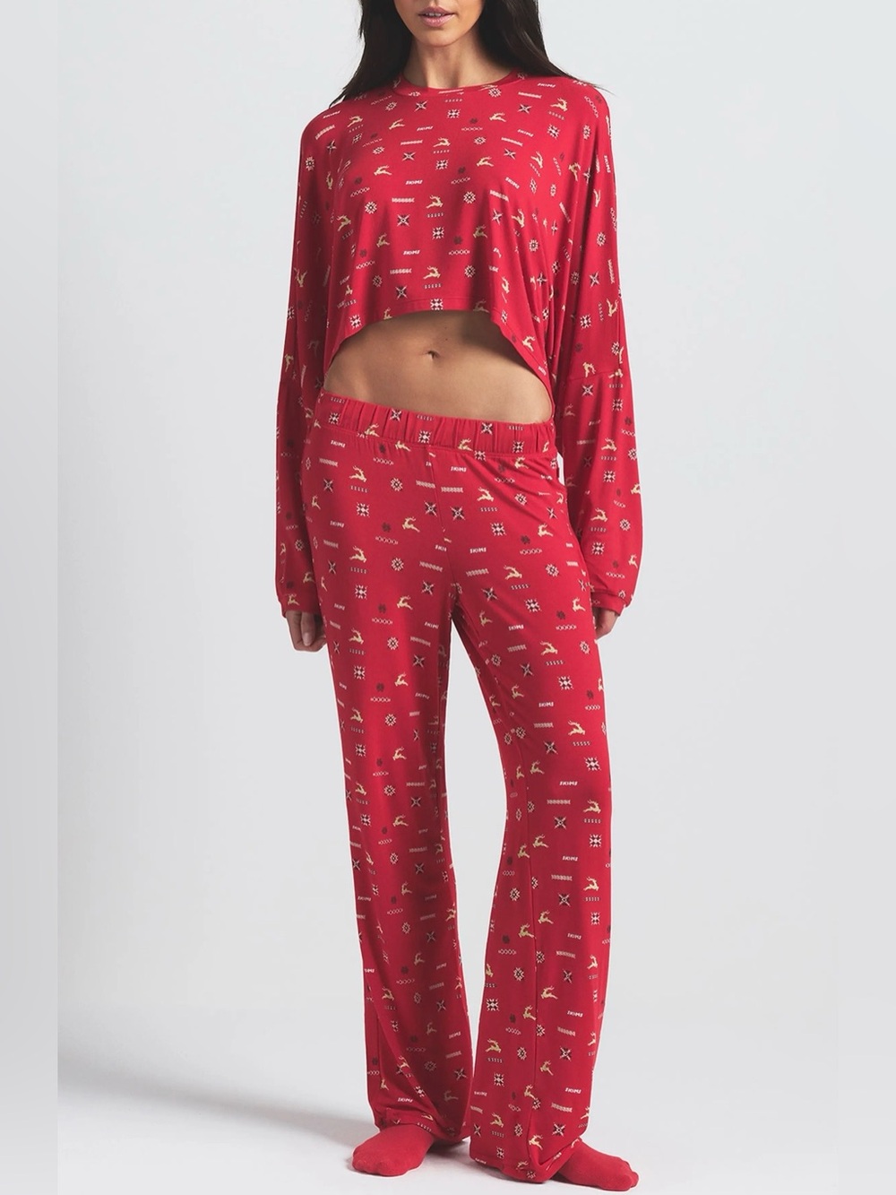NWT SKIMS Soft Modal Blend Pajama Set Cranberry Vintage Deer
Print